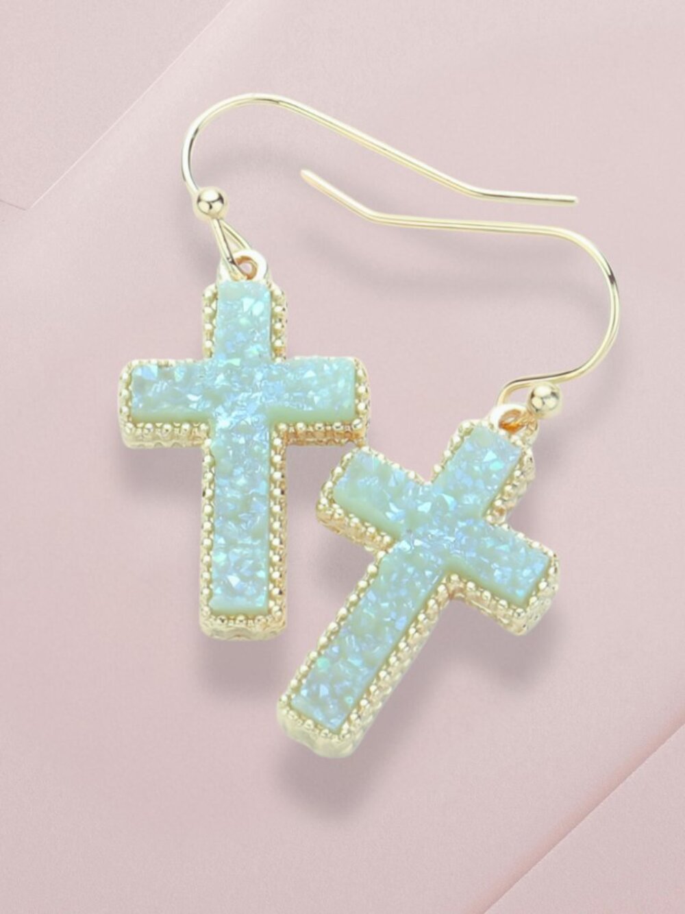 Cross Sparkling Natural Druzy Stone 18K Gold Plated Christian Earrings NEW